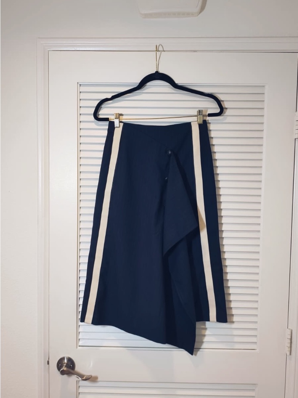 [New]Maje Navy Blue Asymmetrical Midi Skirt with Cream Side Stripes